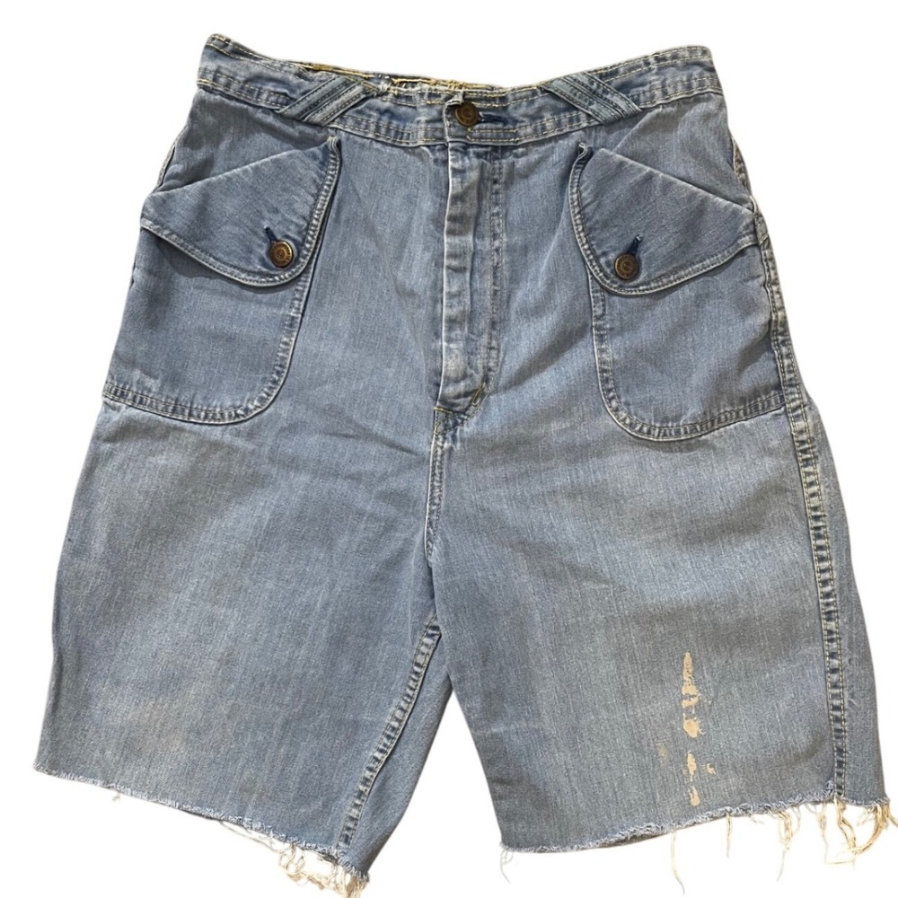 Vintage 70's Hipster Long Denim Cutoff‎ Shorts Size M Light Distressed Festival